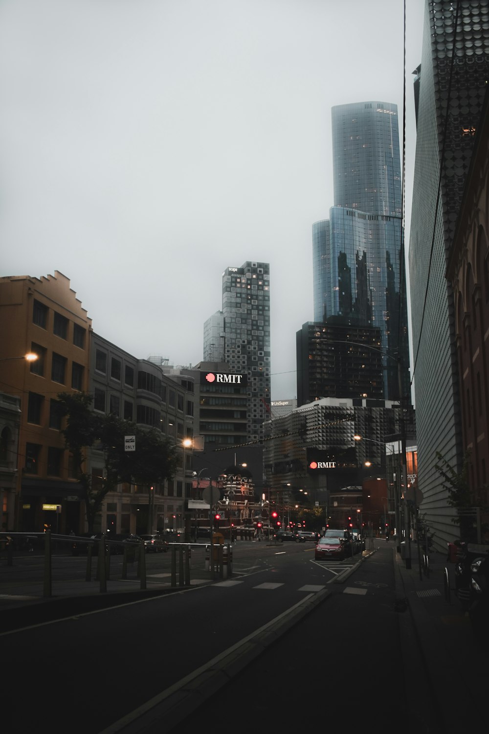 cars on road between high rise buildings during daytime