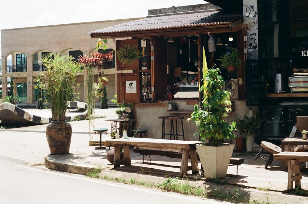 brown wooden picnic table near green plants during daytime