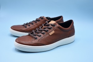 A pair of brown leather sneakers with white rubber soles is displayed on a light blue background. The sneakers feature dark brown laces and metal eyelets, and there is a small beige brand tag on the side.