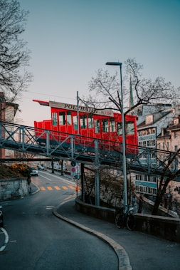 red and white concrete building near bare trees during daytime