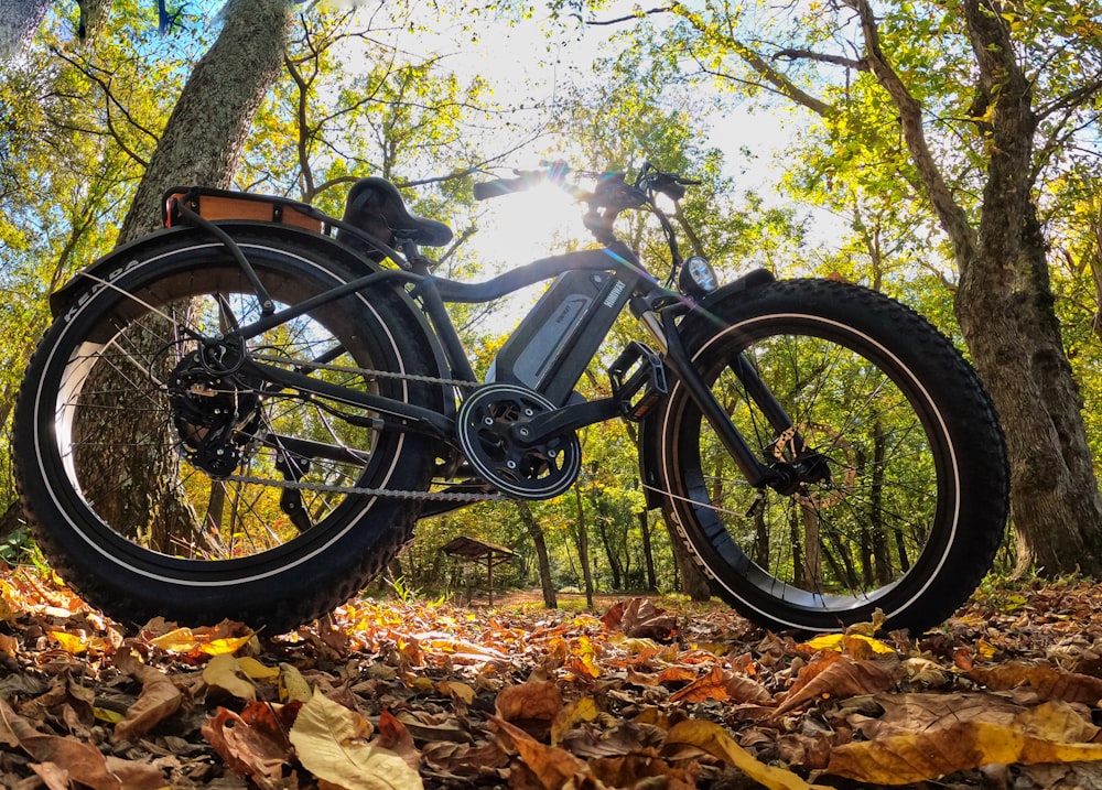 Bicicleta de montaña rígida negra y gris sobre hojas marrones durante el día