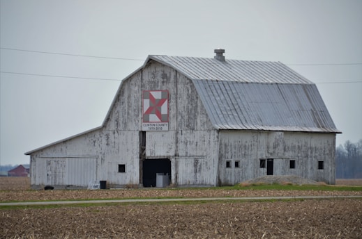 A weathered barn stands in an open field, featuring a large sign with a geometric pattern and text reading 'CLINTON COUNTY 1810-2010'. The barn has a faded white exterior with a pitched roof and several small windows. In the background, there are distant trees and a smaller red building.