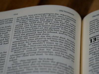 An open book with visible text focused on a passage from the Old Testament. The font is clear and the text is black against a white background. The right margin of the page is visible, and the book lies on a wooden surface.