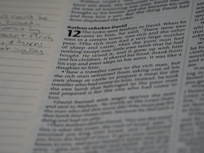 A page of text from a religious book is visible, with a title reading 'Nathan rebukes David' and verses detailing a story involving a rich man, a poor man, and a lamb. The text is in a left-aligned, two-column format, with additional handwritten notes visible on the lefthand side of the page.