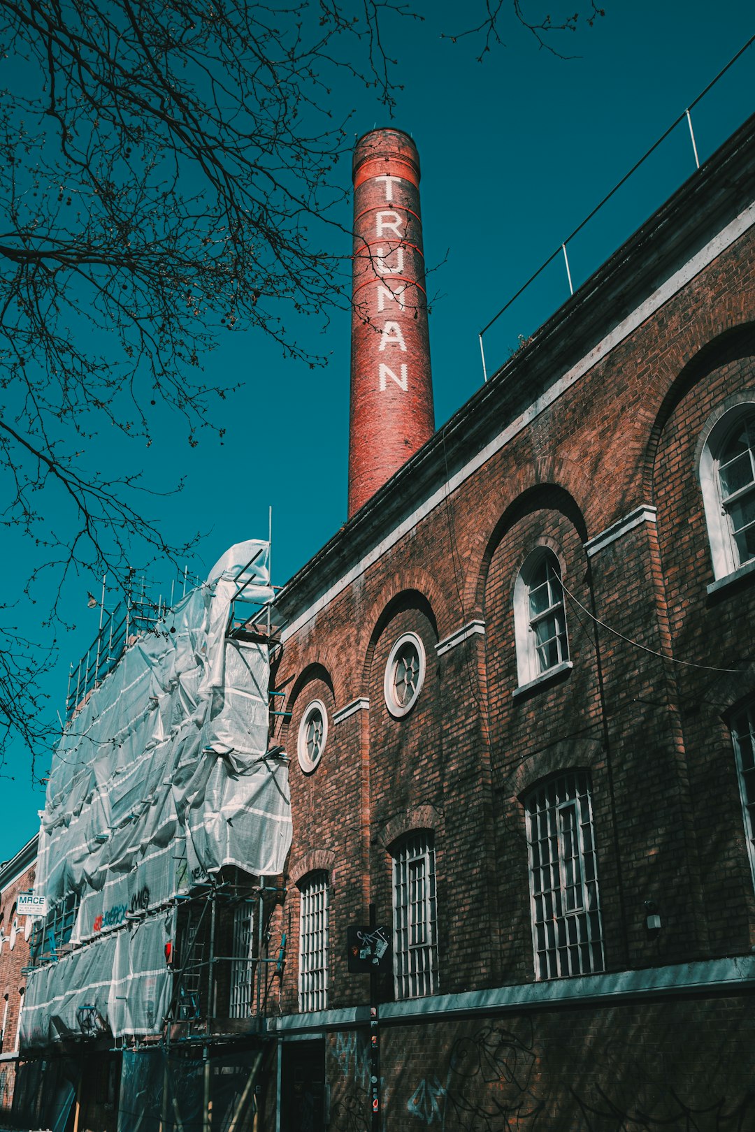 brown brick building with white vines on top