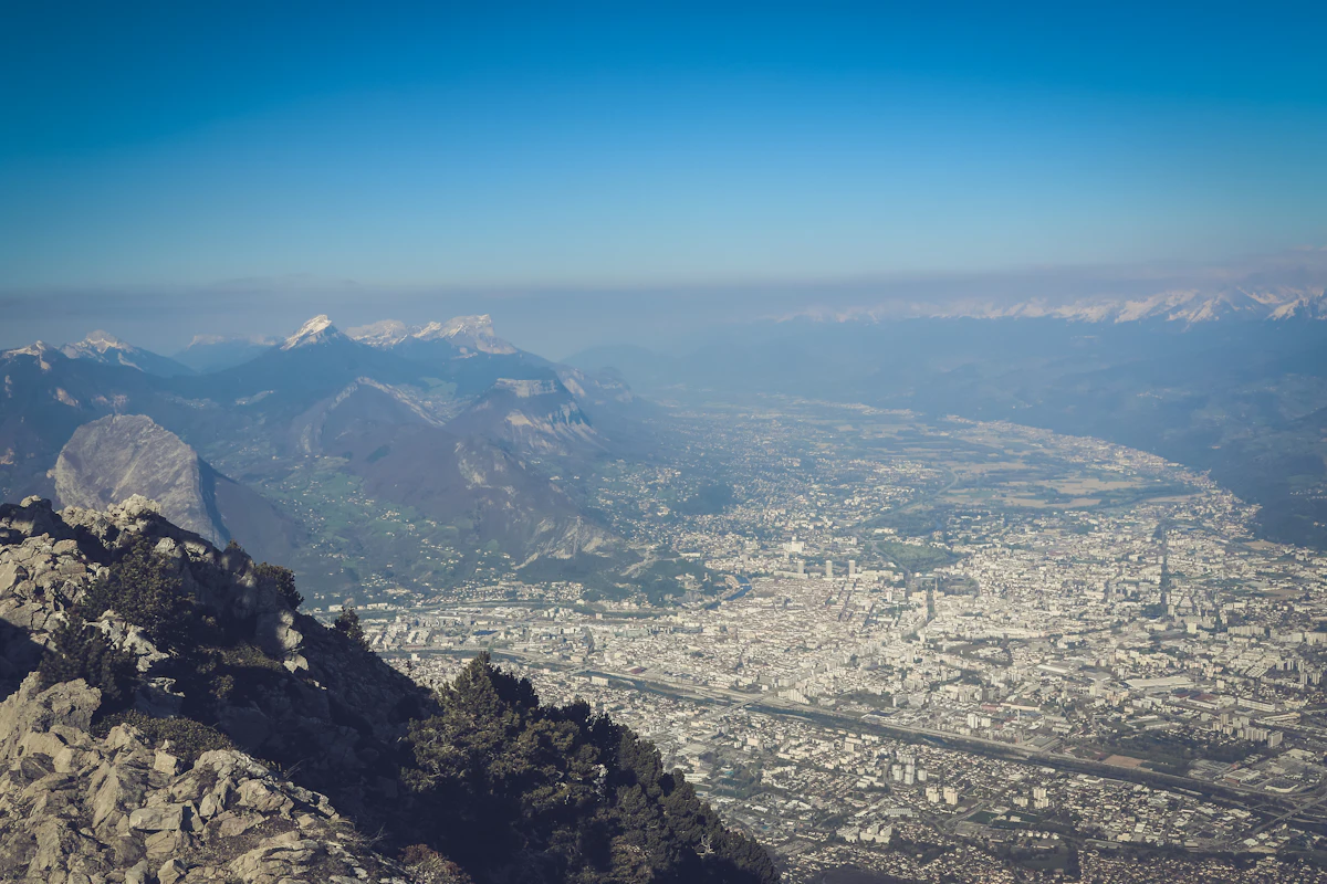 Grenoble and the mountains beyond, seen from the top of Le Moucherotte