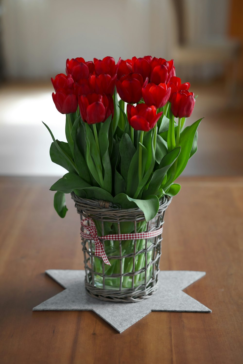 red tulips in clear glass vase