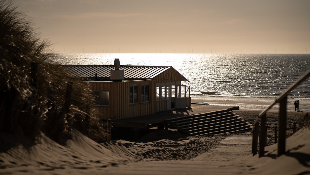 brown wooden house on beach shore during sunset