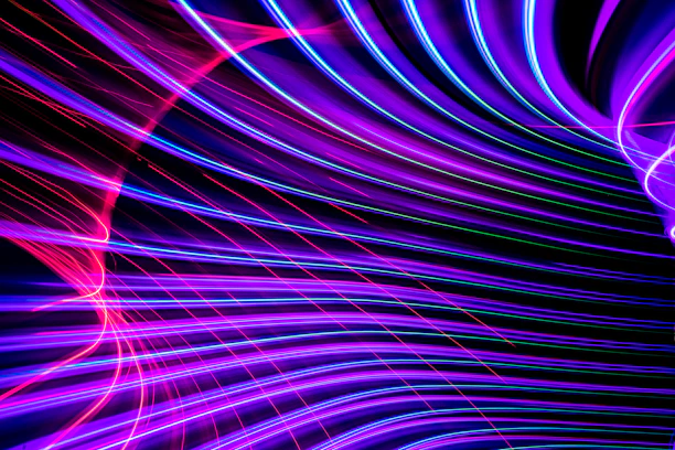 Abstract digital network visualization with glowing purple and blue neon lines on a dark background.