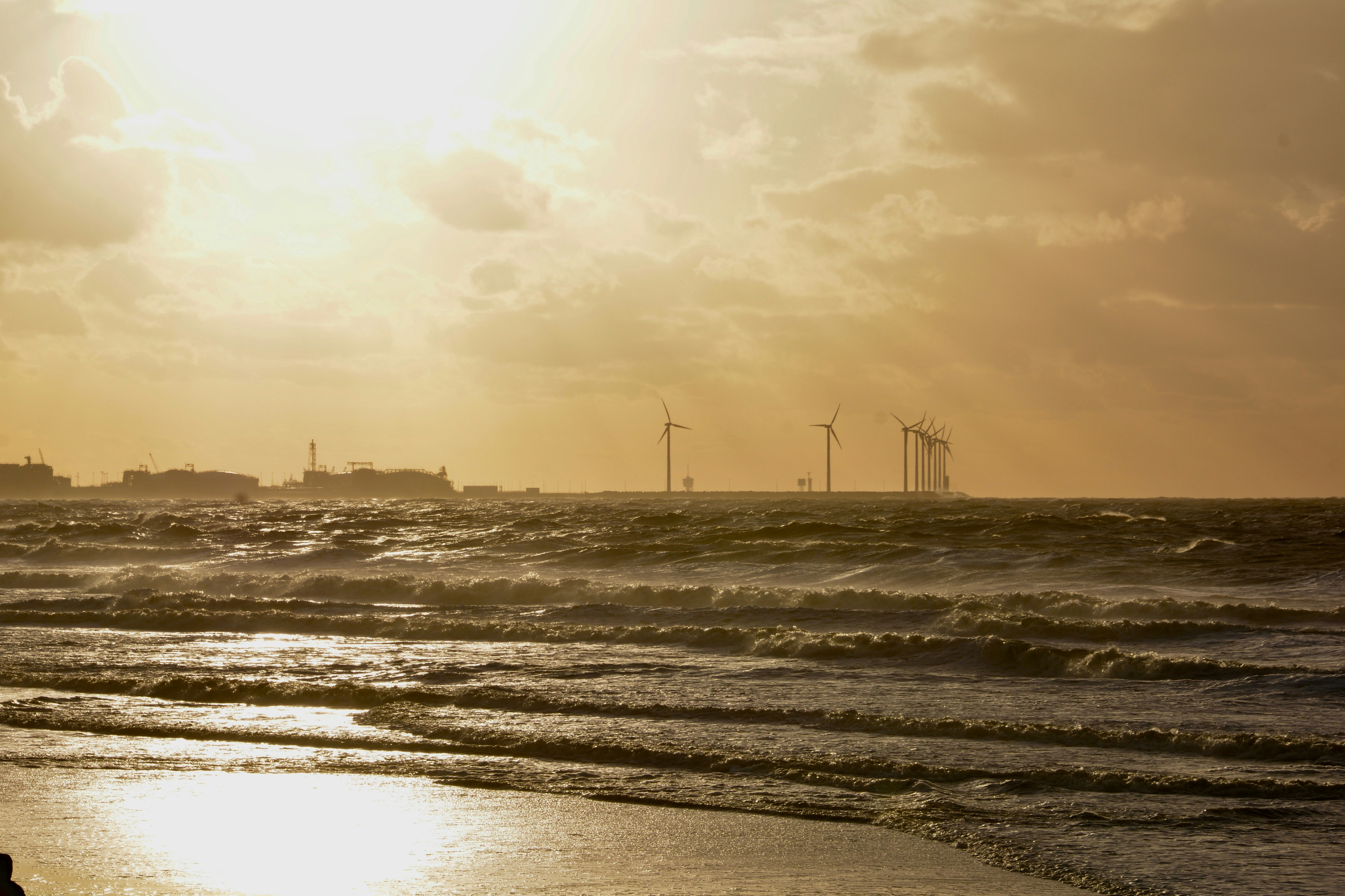 Wind turbines visible on ocean horizon during golden hour sunset