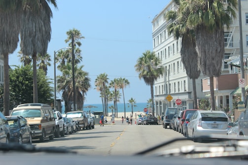 A sunny coastal street lined with palm trees and parked cars leads towards the beach. The street is flanked by multi-story buildings, and a few people can be seen heading towards the ocean. The blue sky and ocean create a bright and inviting atmosphere.