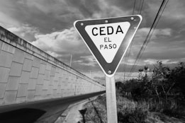 A triangular road sign with the text 'CEDA EL PASO' stands prominently in the foreground. The sign is positioned on a metal pole beside a paved road. To the left, a large concrete wall extends alongside the road, and to the right, there are overgrown bushes and grass. Overhead, a partly cloudy sky fills the background.