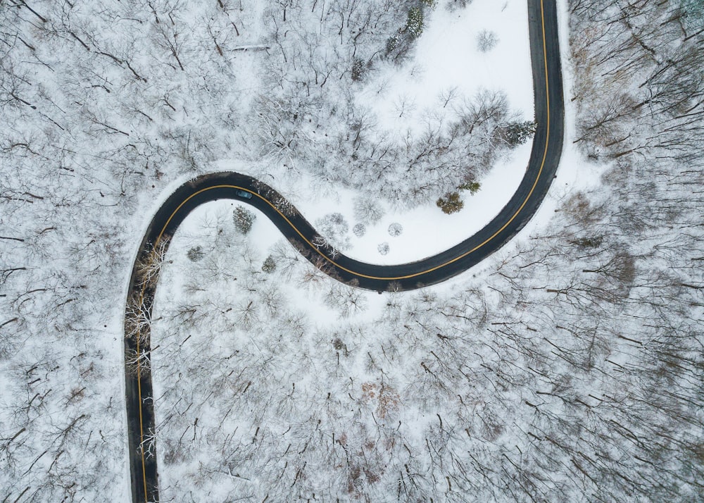 aerial view of road in the middle of snow covered trees
