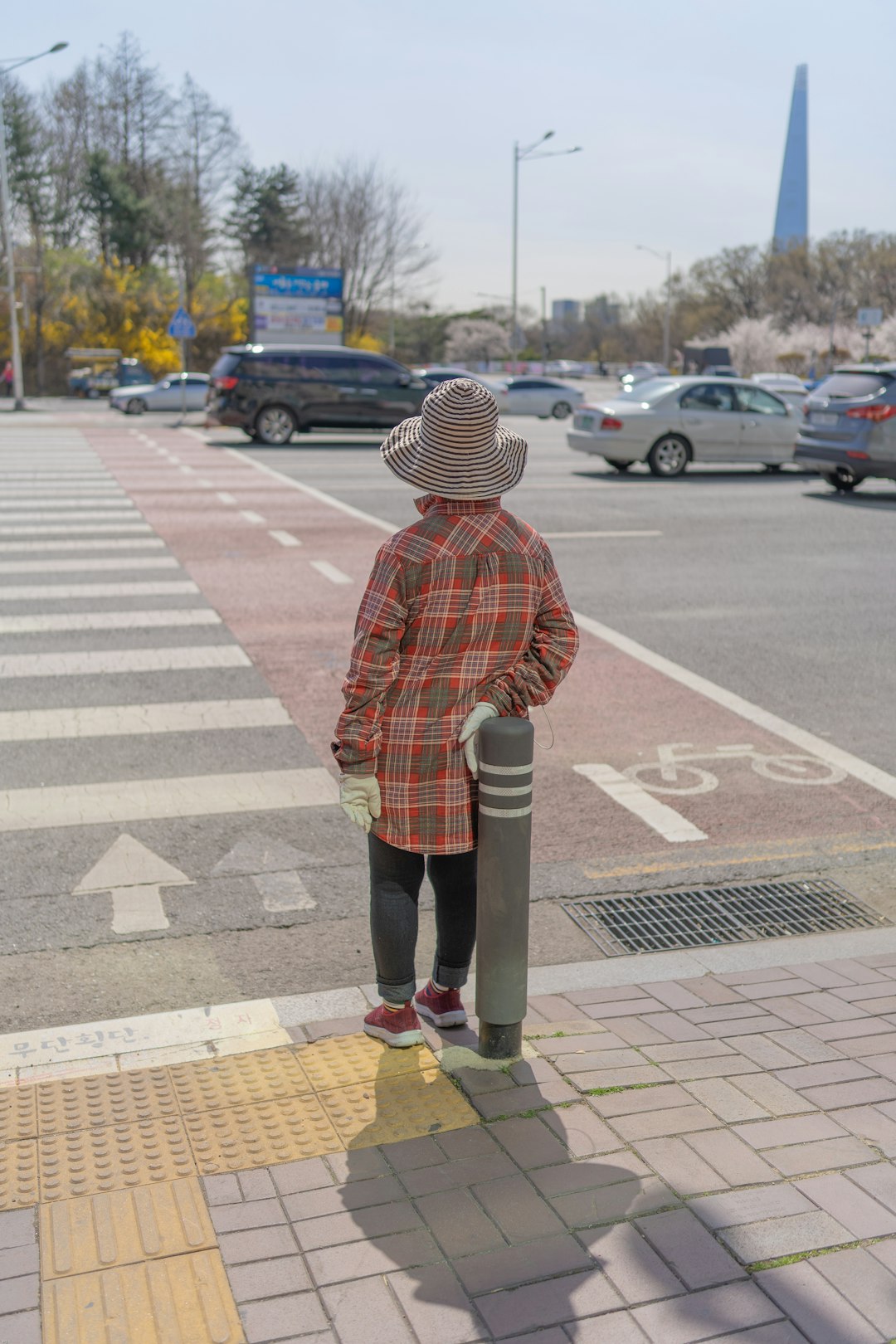 woman in red and black plaid coat standing on pedestrian lane during daytime