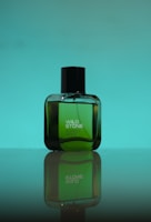 A green glass bottle labeled 'Wild Stone Forest Spice' is set against a gradient teal background. The bottle has a shiny black cap and its reflection is visible below.