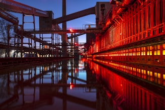 red and black bridge over water