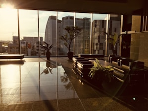 A spacious and modern interior with large floor-to-ceiling windows overlooks an urban cityscape. The room features shiny tiled floors reflecting the soft golden light of sunset. Several potted plants, including palms and a fern, add a natural touch to the sleek leather seating arrangements.