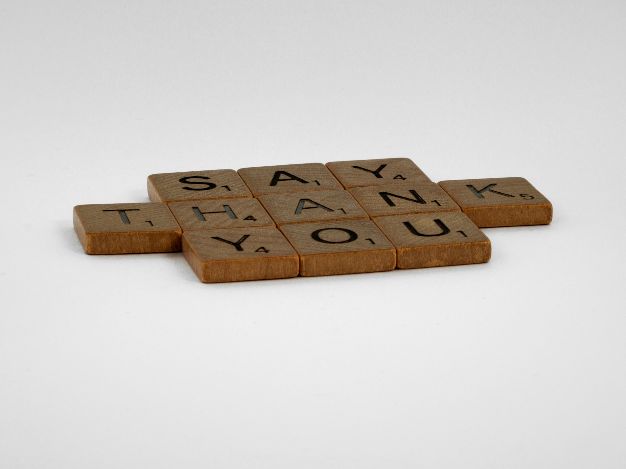 scrabble, scrabble pieces, lettering, letters, wood, scrabble tiles, white background, words, quote, letters, type, typography, design, layout, focus, bokeh, blur, photography, images, image, thank you, say thank you, gratitude, be grateful, show your gratitude, polite, etiquette, small things, costs nothing, a thank you costs nothing, play nice, thanks, give thanks, 