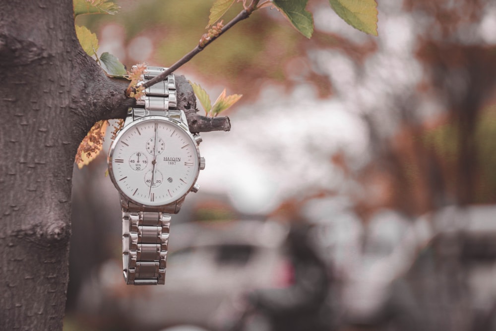 silver link bracelet round analog watch