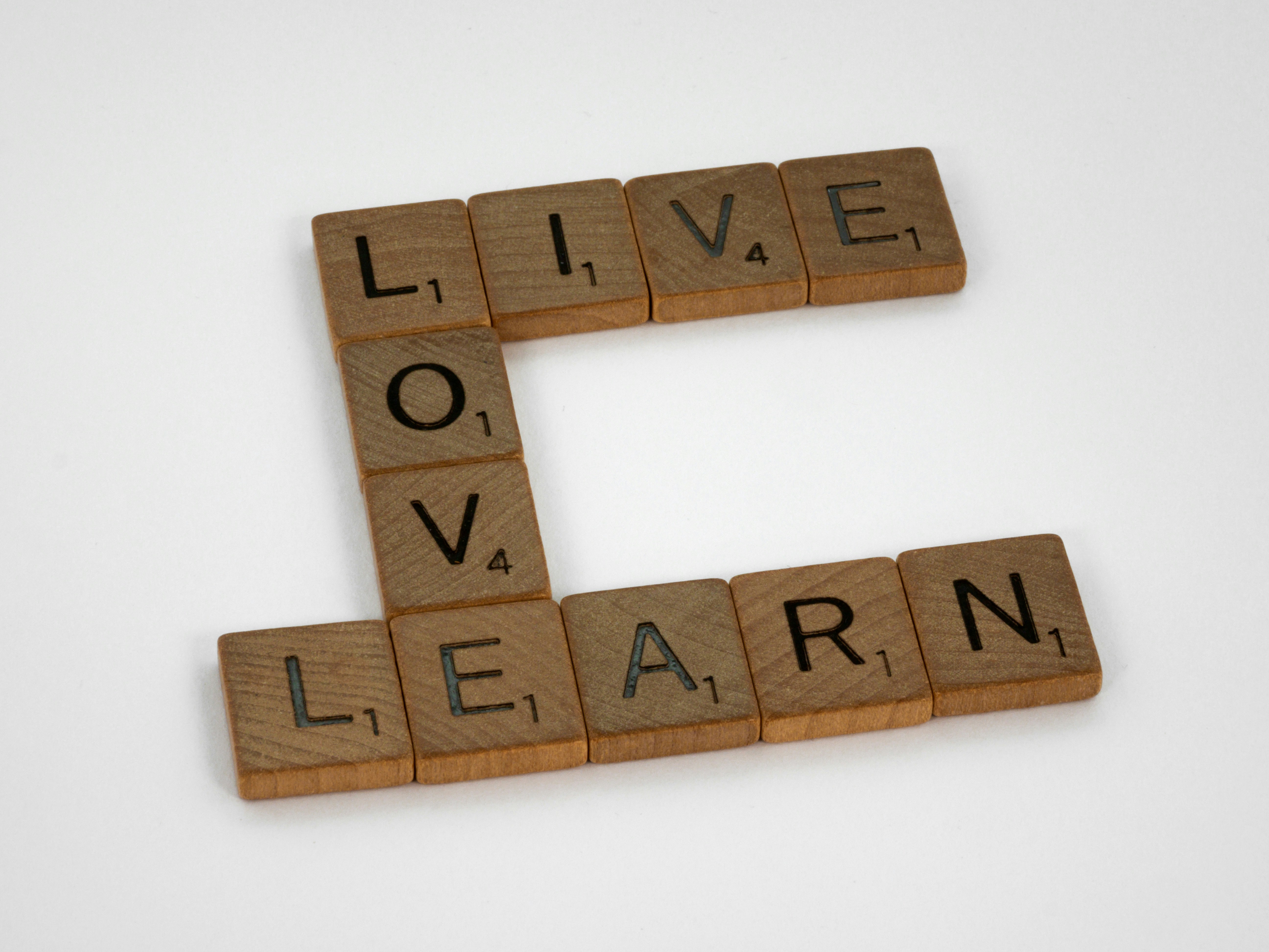 scrabble, scrabble pieces, lettering, letters, wood, scrabble tiles, white background, words, quote, letters, type, typography, design, layout, focus, bokeh, blur, photography, images, image, live, learn, love, life, live life, live learn love, keep learning, stay open, holistic, mindfulness, loving, learning, living, 