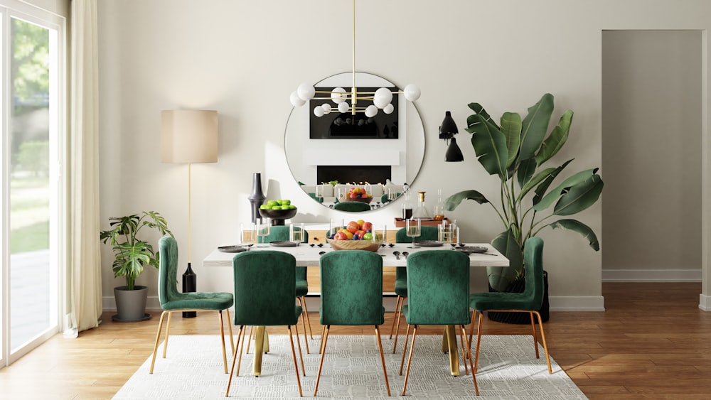 green and white wooden dining table and chairs