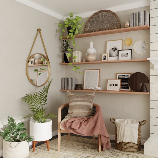 A cozy living room corner featuring a soft throw pillow and a rustic wooden shelf with small plants.