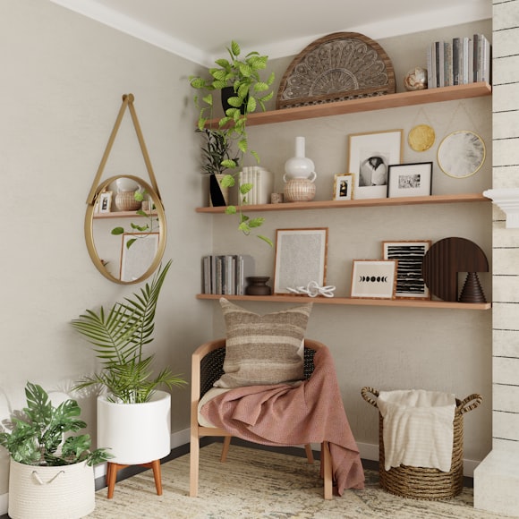 interior decor with beige wall, corner seat, and open shelves