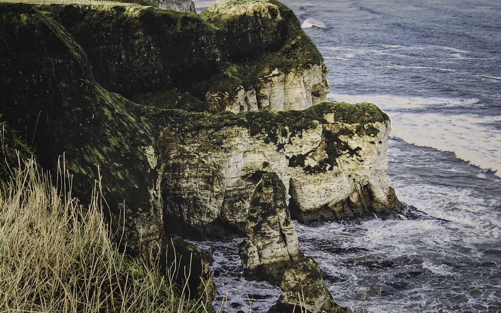 brown and green rock formation on sea during daytime