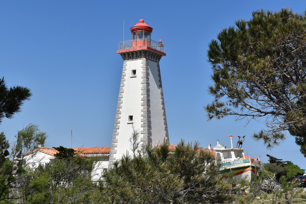 white and red lighthouse near green trees under blue sky during daytime