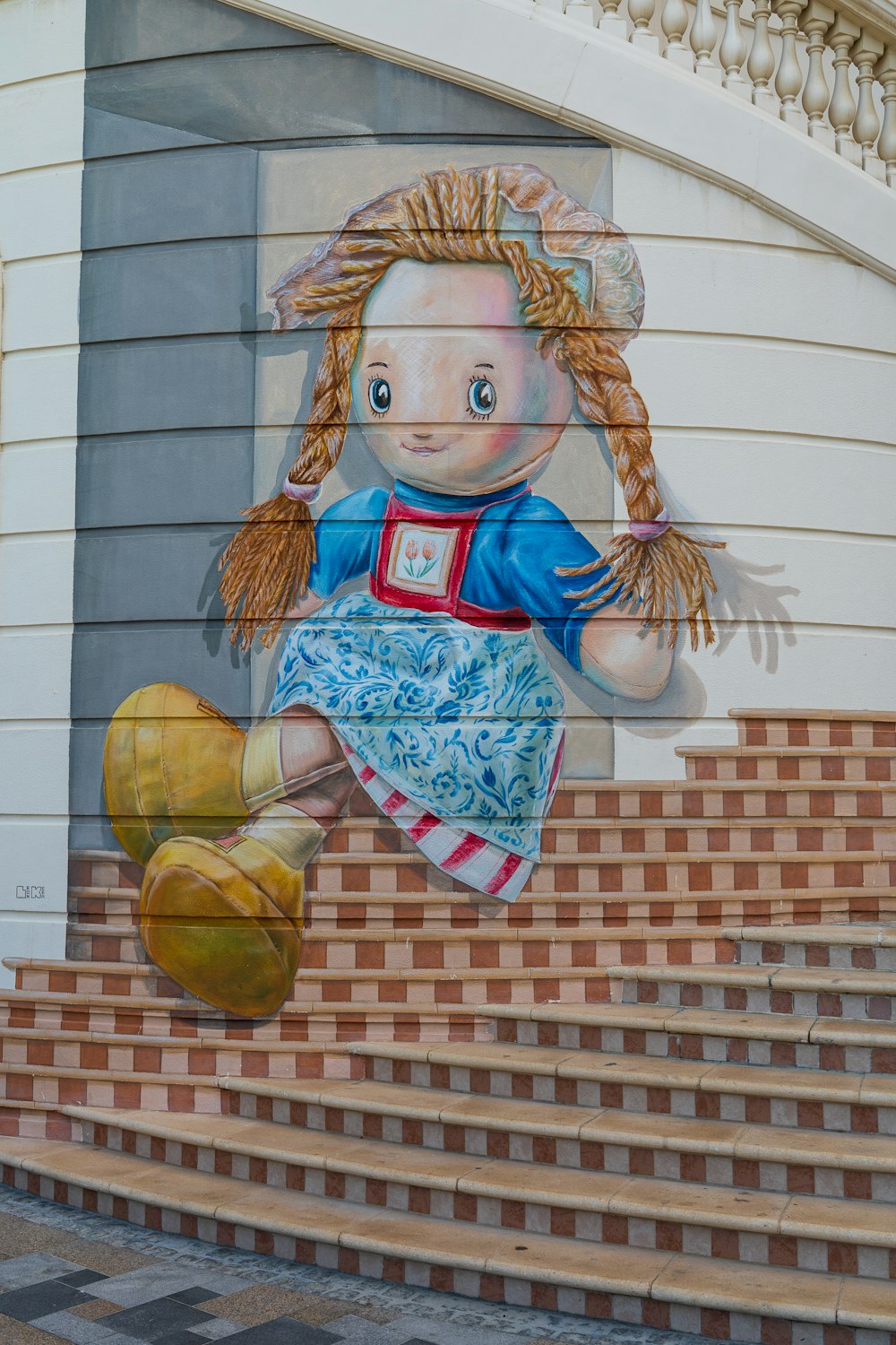 girl in blue and white dress holding yellow and green ball illustration