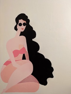 A stylized illustration of a woman with long black hair wearing sunglasses and a pink bikini. She appears to be seated against a light-colored background, with a relaxed and confident posture.
