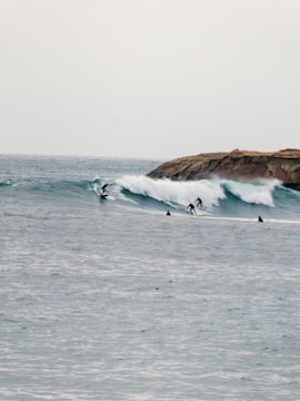 Several surfers ride along a series of rolling waves with a rocky outcrop visible in the background. The water has a cool, subdued tone, and the waves create dynamic movement across the image.