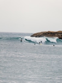 Several surfers ride along a series of rolling waves with a rocky outcrop visible in the background. The water has a cool, subdued tone, and the waves create dynamic movement across the image.