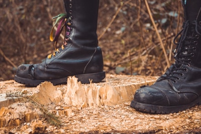 Close-up of a pair of woodboot's vegan leather boots resting on natural wood with green leaves around.