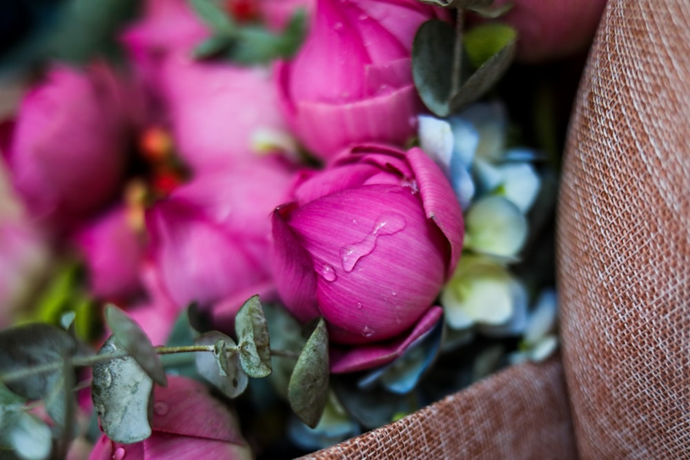 pink flower on brown textile