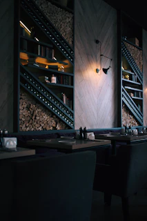 A warm, Scandinavian-style restaurant corner with wooden tables and soft lighting, showcasing a rustic artisanal meal.