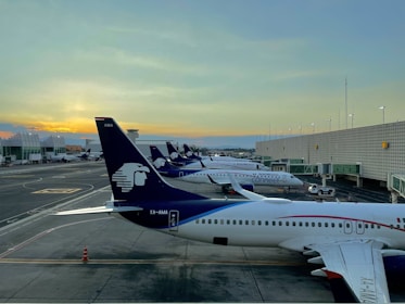 white and blue airplane on airport during daytime