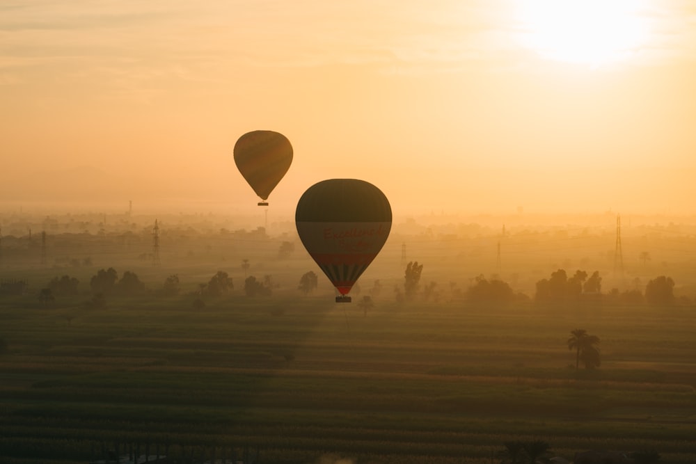 hot air balloons flying over the field during sunset