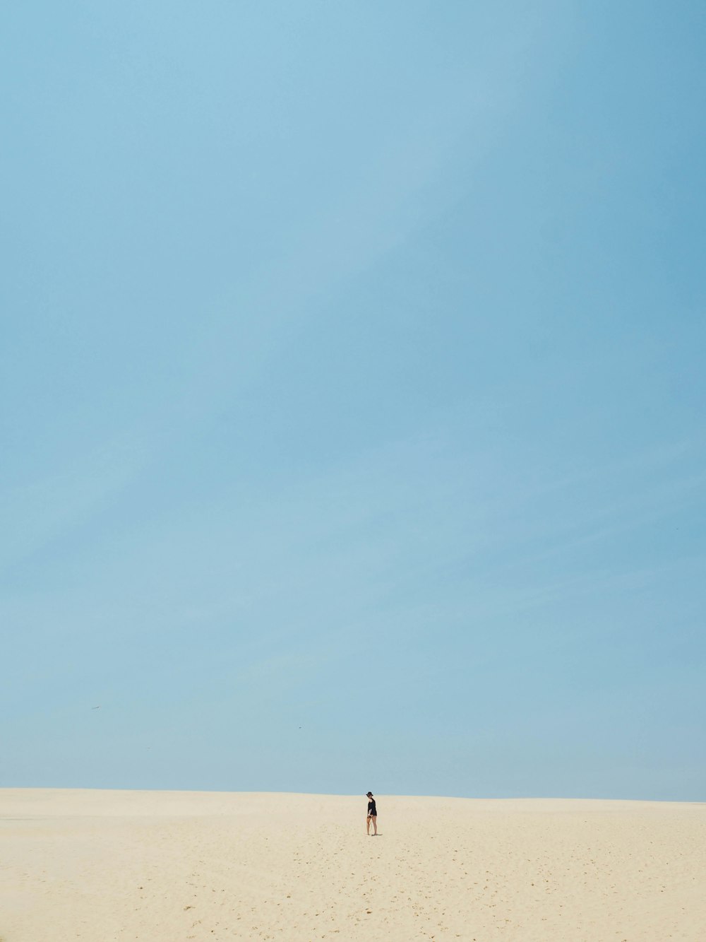 Person, die tagsüber auf braunem Sand unter blauem Himmel steht