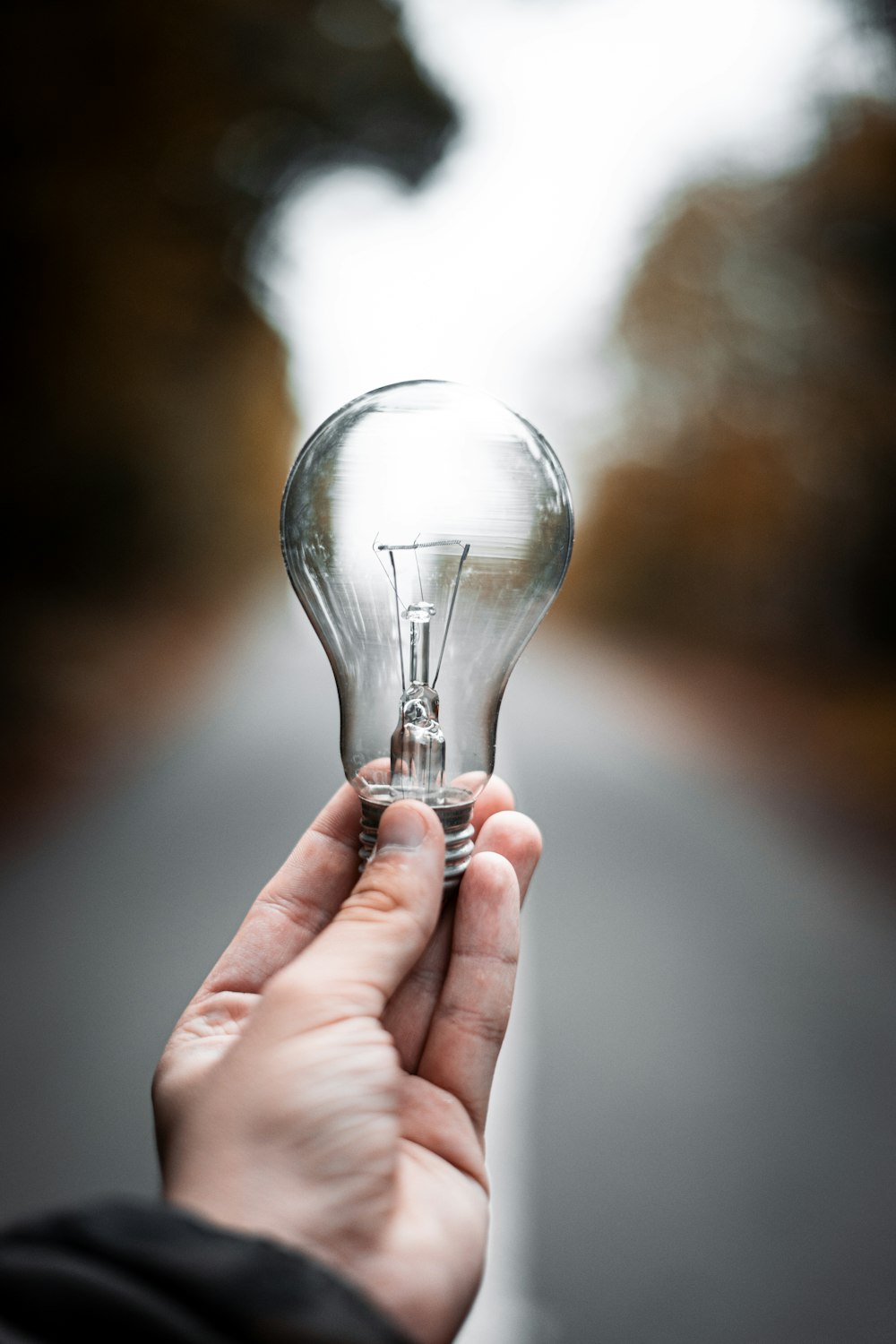 person holding light bulb in tilt shift lens