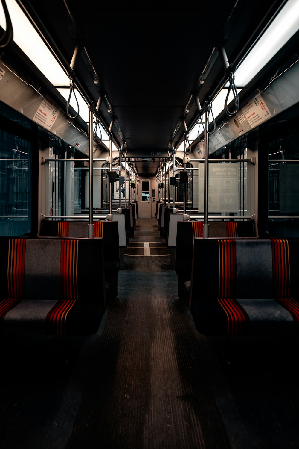 red and blue train seats