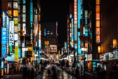 people walking on street during night time
