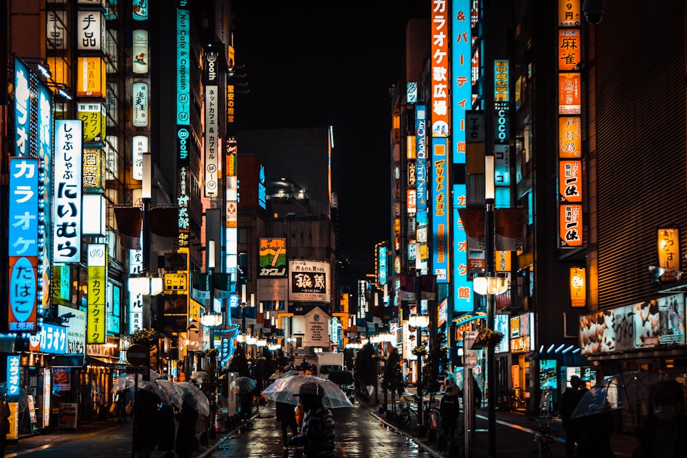 people walking on street during night time