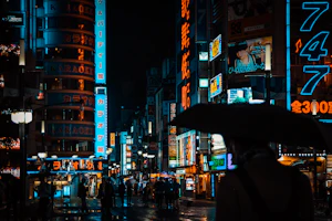 People walking a wet city street at night