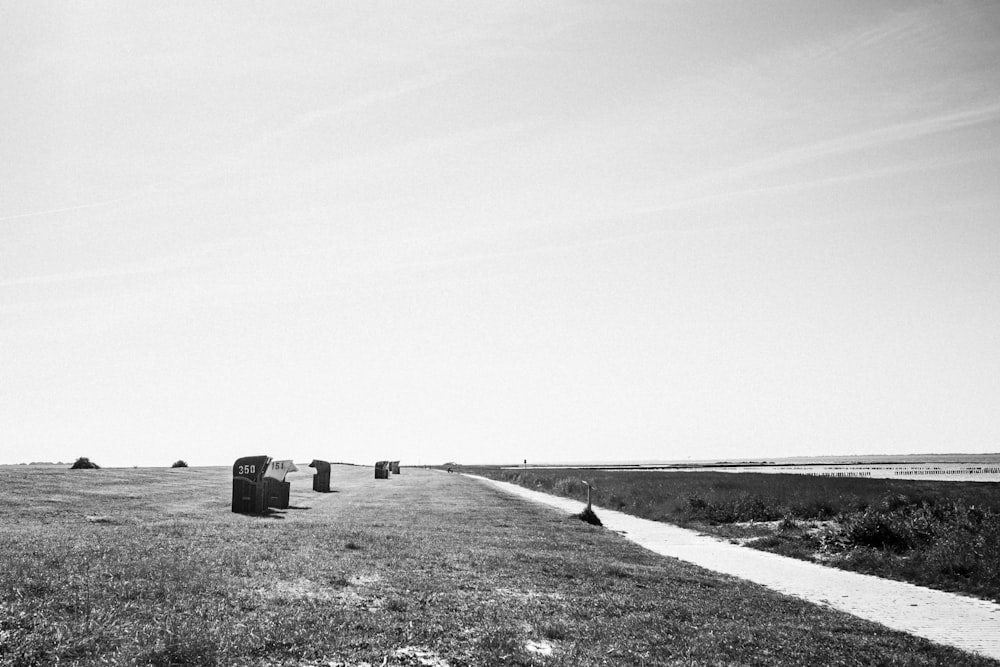 grayscale photo of field with hays