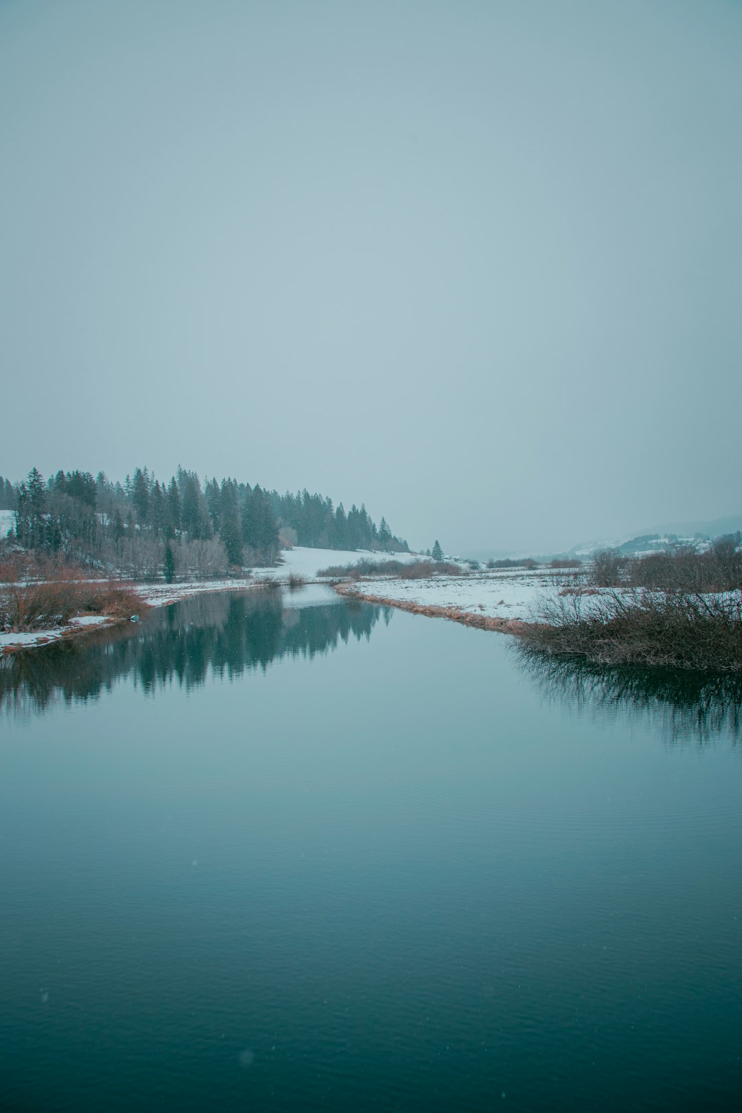 lake near trees under white sky during daytime