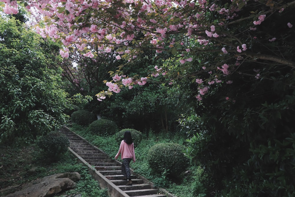 woman in purple dress walking on wooden pathway