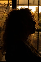 A silhouette of a person with curly hair against a warm, glowing sunset backdrop. The light filters through what appears to be a window with intricate ironwork.