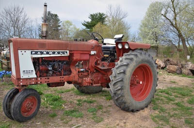 A vintage red Farmall model 656 tractor is parked on a patch of grass and dirt. The tractor shows signs of age, with some rust and fading paint. Large rear tires are prominent, and the engine components are partially visible. In the background, there are trees with budding leaves indicative of spring, and some logs are scattered nearby.