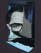 A surreal collage featuring a partially visible human face through cut-out segments, coupled with geometric shapes and a modern architectural background.
